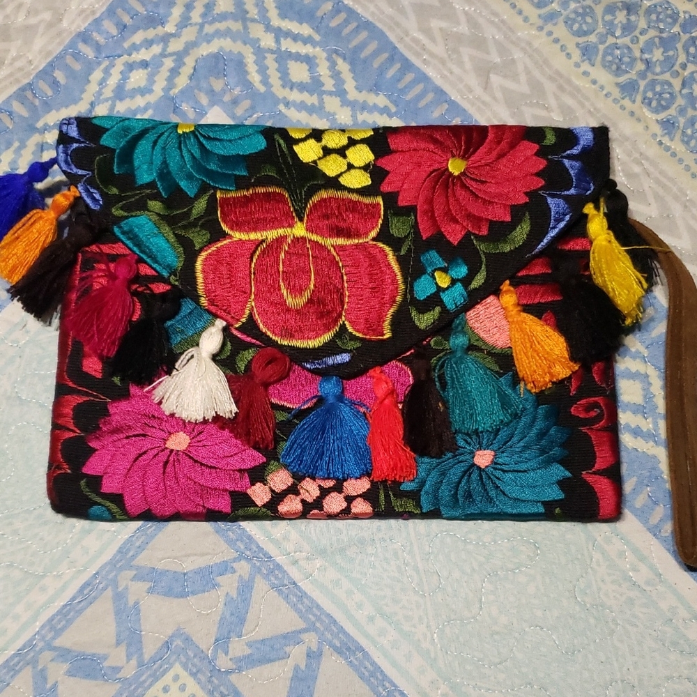 Colorful Floral Embroidered Mexican Style Women's Wristlet Clutch